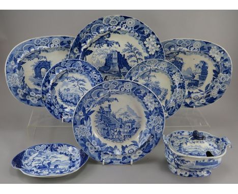 A group of early nineteenth century blue and white transfer-printed Don Pottery Named Italian Views series wares, c. 1820-30.