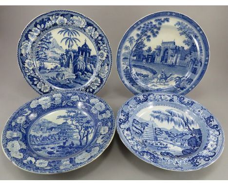 A group of early nineteenth century blue and white transfer-printed plates, c.1820-30. To include: A Herculaneum View in the 