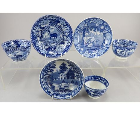 A group of early nineteenth century blue and white transfer-printed tea bowls and saucers, c.1820-30. To include: A Milkmaid 