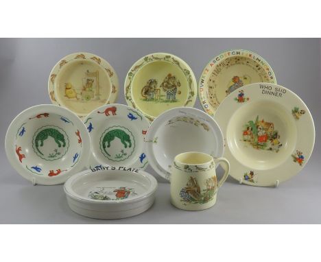 A group of early twentieth century transfer-printed child’s plates and bowls, c. 1920-60. To include: a Royal Doulton Bunnyki
