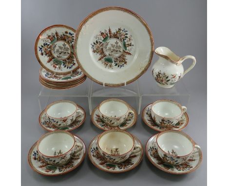 A late nineteenth century brown and white transfer-printed and over-glaze enameled porcelain chinoiserie pattern part tea ser