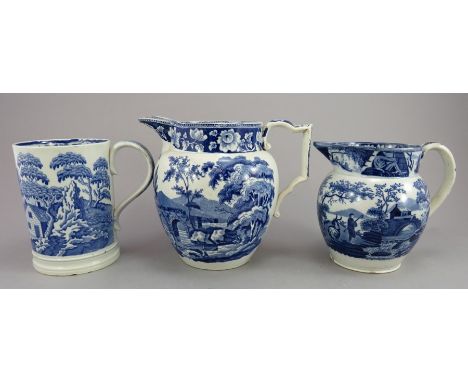 A group of early nineteenth century blue and white transfer-printed rural scene jugs and a mug, c.1820-30. To include: a Fox 