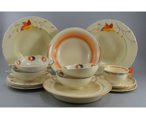 A group of early twentieth century art deco period wares, c. 1910-30. To include: four Wilkinson floral soup dishes, a Grindl