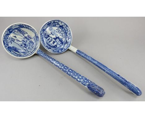 A pair of early nineteenth century blue and white transfer-printed soup ladles, c.1820-30. To include a Stevenson Chinese Tra