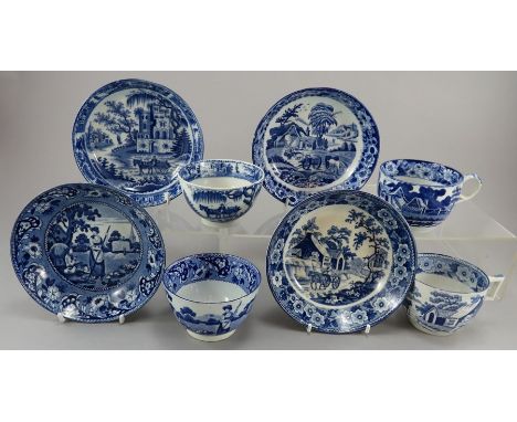 A group of early nineteenth century blue and white transfer-printed rural tea wares, c. 1820-30. To include: a Resting Farm b