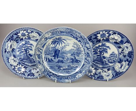 A group of early nineteenth century blue and white transfer-printed wares. To include two Leopard and Antelope plates and an 