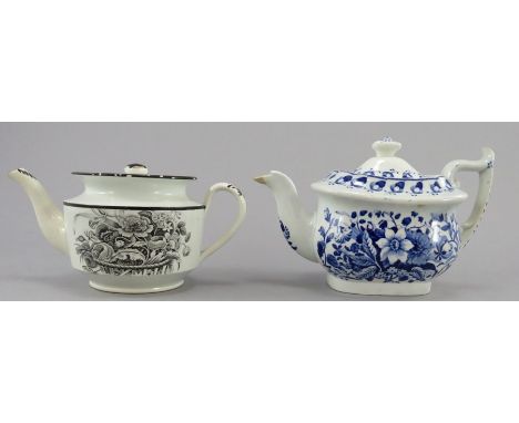 Two early nineteenth century blue and white and black and white transfer-printed miniature teapots and covers, c.1825. Compri
