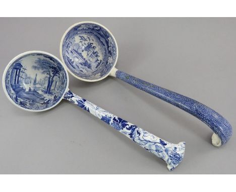 Two early nineteenth century blue and white transfer-printed soup ladles, c.1825. Comprising: A Minton Italian Ruins soup lad