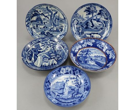 A group of early nineteenth century blue and white transfer-printed rural saucers, c.1820-30. To include: a Dawson Bird’s Nes