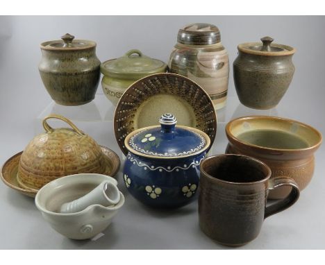 A collection of twentieth ceramic kitchenware including some marked art pottery. To include a two stoneware lidded jars (both