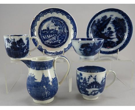 A group of late eighteenth century blue and white transfer-printed wares, c.1790-95. To include: a Ferrybridge tea bowl and s
