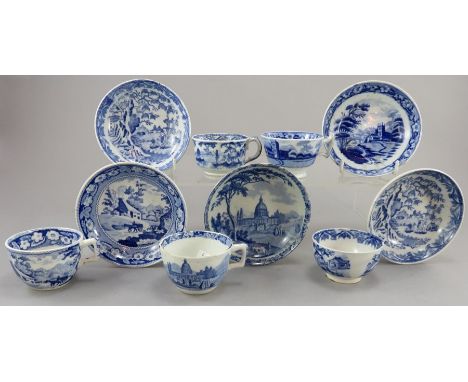 A group of early nineteenth century blue and white transfer-printed miniature tea wares, c.1820-30. To include: two Davenport