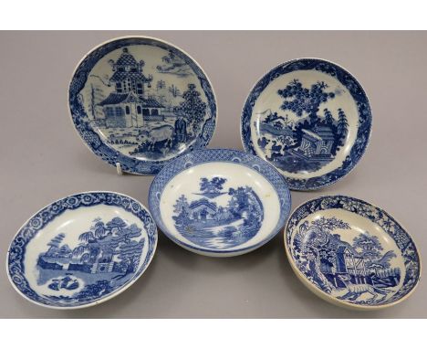 A group of early nineteenth century blue and white transfer-printed saucers, c. 1800-30. To include: a Boy on a Buffalo sauce