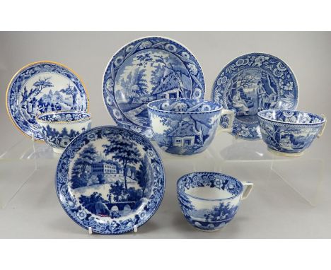 A group of early nineteenth century blue and white transfer-printed rural tea wares, c. 1820-30. To include: a Woodman patter