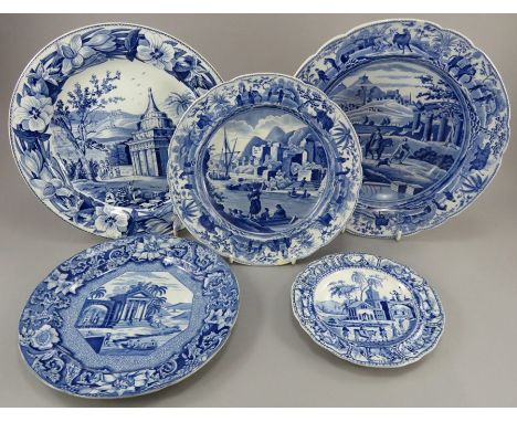 A group of early nineteenth century blue and white transfer-printed plates, c.1810-20. To include: a Spode Caramanian series 
