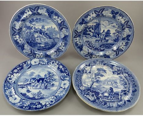 A group of early nineteenth century blue and white transfer-printed plates, c.1820-30. To include: A Family and Mule plate, a