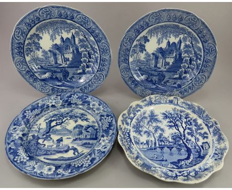 A group of early nineteenth century blue and white transfer-printed plates, c.1820-30. To include: A Hamilton Fisherman with 
