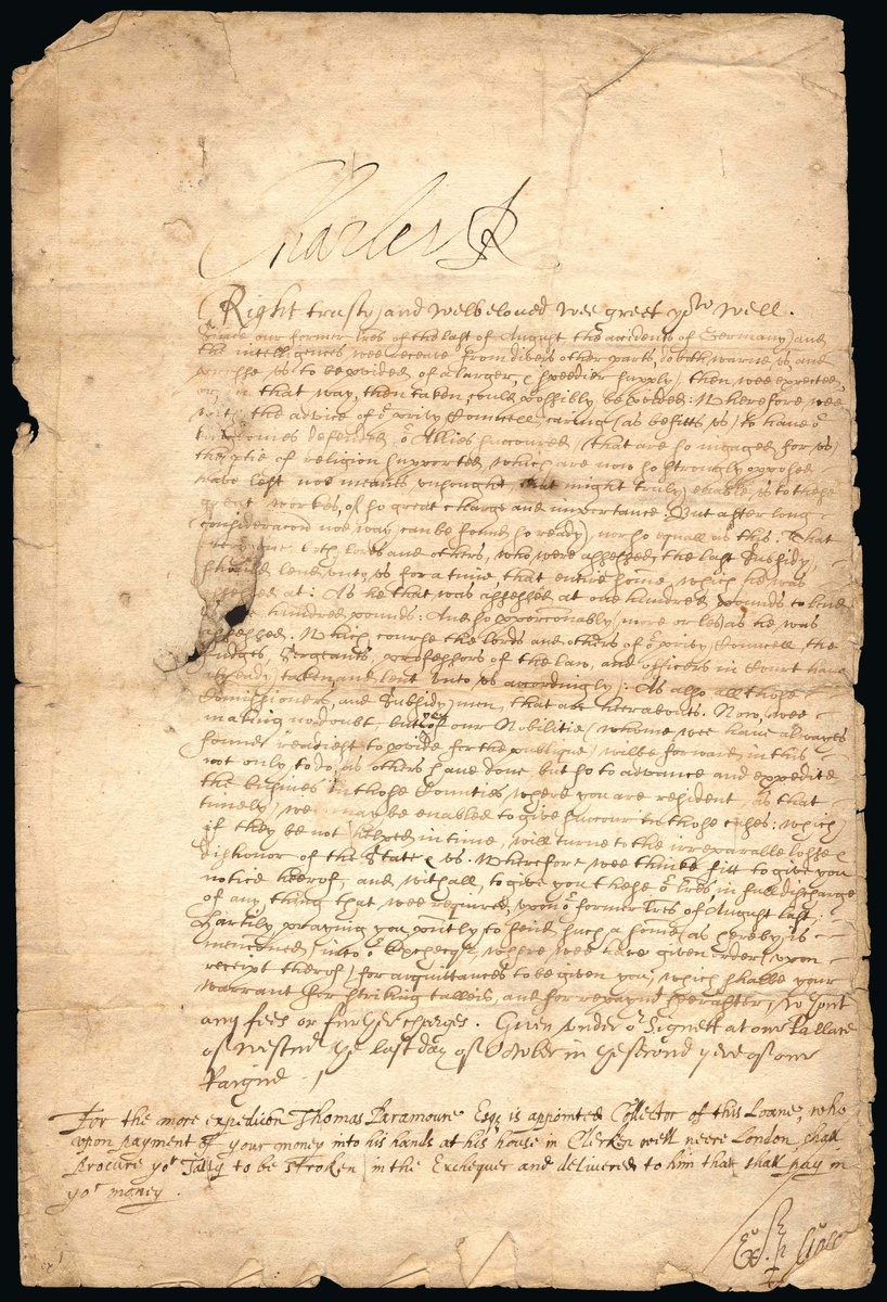 Charles I, Forced Loan, 1626. Manuscript document, one page, folio