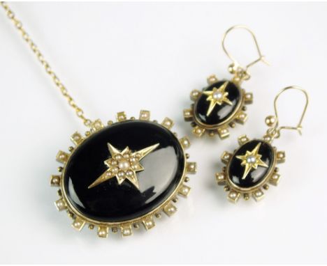 A pair of late 19th century onyx and split seed pearl earrings, with hook fastenings, together with a matching brooch with va
