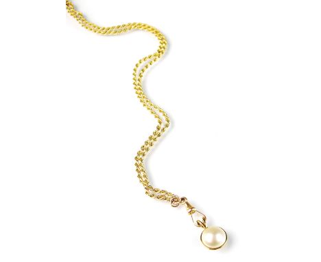 A yellow metal rope twist chain, with plaque stamped '9ct', suspending simulated Mabe pearl pendant set in yellow metal stamp