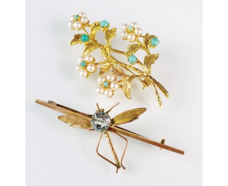 A 9ct gold turquoise and cultured pearl set floral spray brooch, together with a blue paste set insect bar brooch, stamped '9
