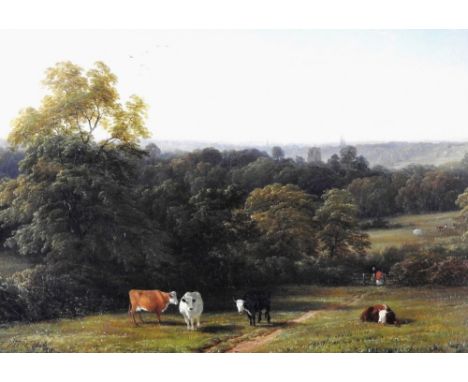 Thomas Baker of Leamington (1809-1869)Cattle grazing with two figures beside a gate and a church spire beyond,signed lower le
