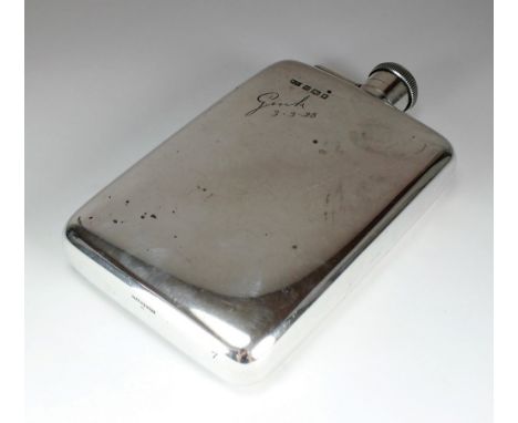 A silver hip flask, Mappin & Webb, London 1927, of rectangular form and engraved to the body 'Gink 3-3-28', with screw cap, 1