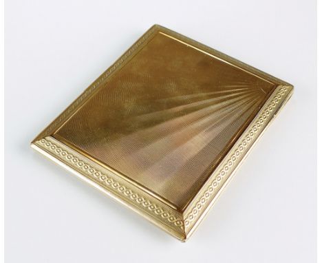 A 9ct gold cigarette case, London 1926, with engine turned sun ray decoration, 9cm x 7.5cm, weight 106g