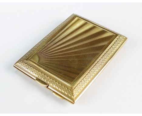 A 9ct gold vesta case, Birmingham 1933, with engine turned decoration, 6.5cm x 4.5cm, weight 27.8g