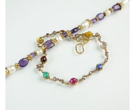 A multi-gem set bracelet, to include; diamonds, moonstone and garnet (at fault), together with an amethyst and freshwater pea