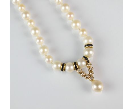 A single strand cultured pearl, diamond and sapphire necklace, the centre of the necklace set with four sapphire spacers and 