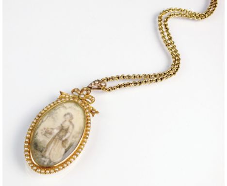 A split seed pearl mourning pendant, the oval pendant enclosing miniature of a woman, within seed pearl surround and mounted 