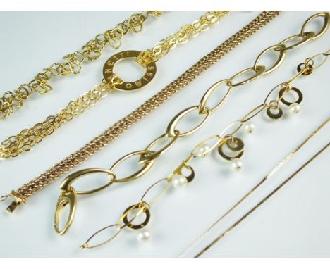 Two 9ct gold necklaces, together with two 9ct gold bracelets, a cultured pearl set 14ct gold bracelet and a yellow metal brac