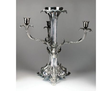 A late 19th century Elkington & Co silver plated epergne, designed as a central reeded column with leaf cast rim, raised upon