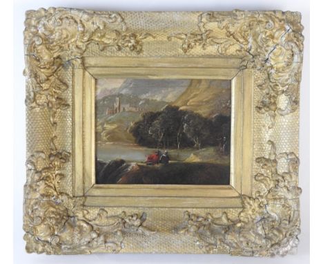 Continental school, 19th century Mountainous landscape with figures in the foreground and a castle beyond, oil on board, 12 x