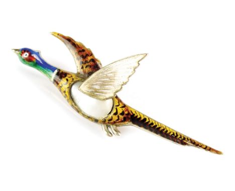 A blister pearl and enamel pheasant bar brooch, the yellow metal reverse stamped '9ct', 50mm wide, weight 3.8g