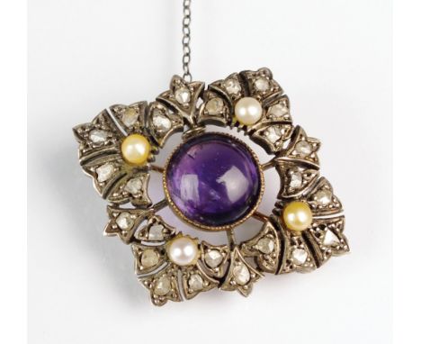 A 19th century amethyst, diamond and seed pearl brooch, designed as a central round cabochon amethyst mounted within rose cut