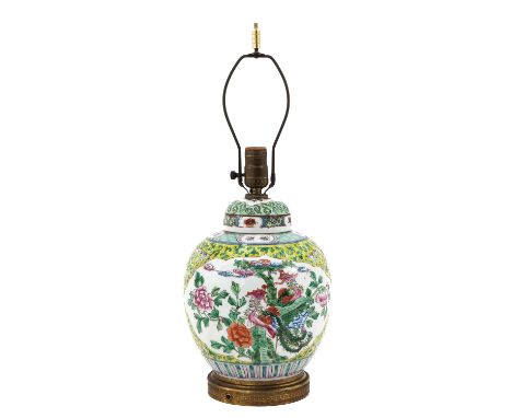 Yellow ground decorated with phoenix in Famille Rose enamels,  lamp is a total of 54 cm. tall. 