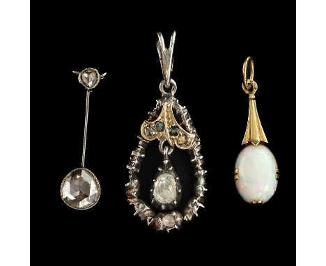 Including 1 pendant with 2 rose cut diamonds, largest diamond is approximately 0.5 ct., an opal pendant, and an old cut diamo