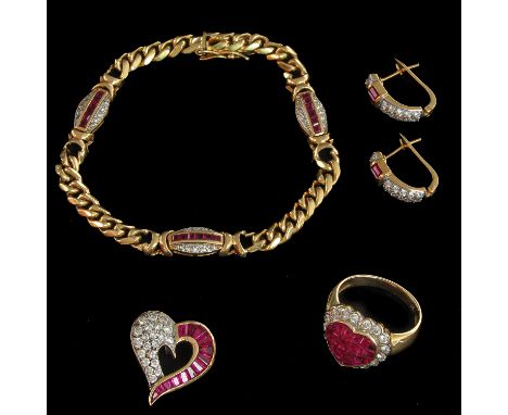 Set with diamonds and rubies, including earrings, bracelet, pendant and ring, ring size is 16.5.
