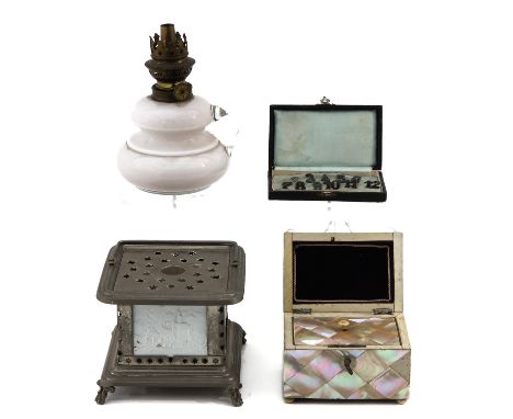 Including cassette with plate letters, tea cabinet with mother of pearl and opaline oil lamp.