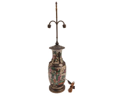 Converted from vase, decorated with Chinese warriors and bronze fittings for lamp, vase stands 49 cm. tall, total height of l