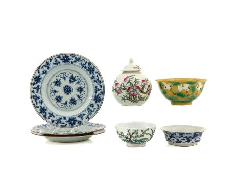 Including 3 plates, 3 bowls, and a ginger jar 14 cm. tall, in diverse conditions.