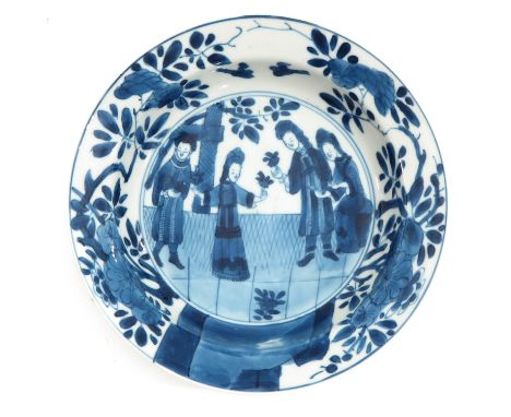 Depicting gathering of Chinese figures in garden bringing flowers as gifts, marked with double ring and artemisia leaf, 15 cm