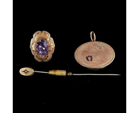 Including stick pin with diamond, 14KG, ring with Amethyst, size 16, medallion pendant, 29 mm. in diameter.