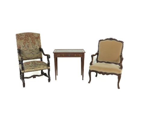Leathery inlay, 1 arm chair with tapestry, 120 cm. tall.