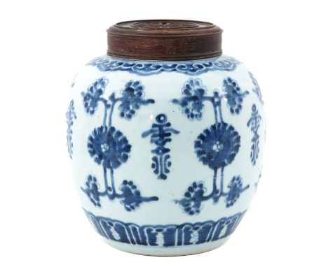 Body painted with shou character motif with peony and key motif band borders, marked with double ring, carved wood cover, 22 