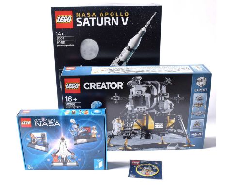 LEGO: NASA Apollo Saturn V, 21309, boxed; LEGO: LEGO Ideas No.19, Women of NASA, 21312, boxed; LEGO Creator: NASA Apollo 11 L