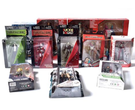 A collection of DC figures, by various makers, all boxed, including: Mattel: Suicide Squad Deadshot; Arrow; DC Collectibles: 