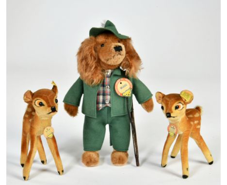 Steiff, Jäger Waldili &amp; 2x Bambi, Germany, 50er/60er Jahre, mit Fahnen, Schildern &amp; Knöpfen, Z 1